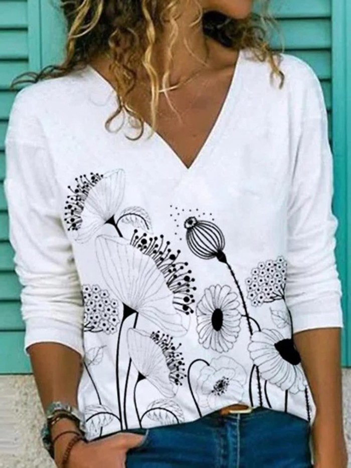 Women's Vintage V Neck Trendy Abstract Elegant Print  Blouses & Shirts