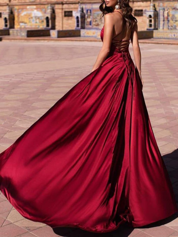 Fashion Strappy Satin Deep V Neck Open Back Slit Sexy Solid Color Party Maxi Dress