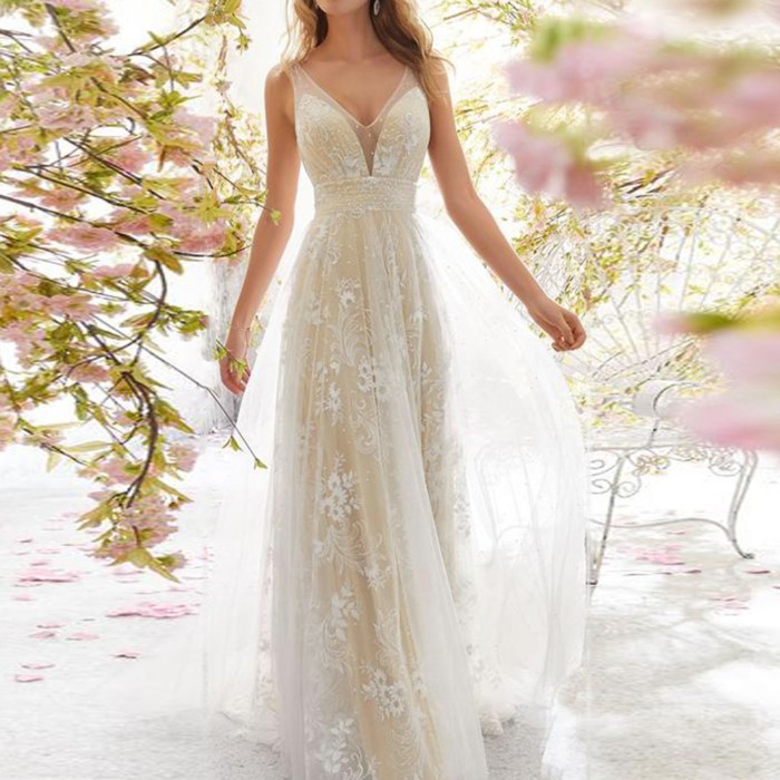 Women Elegant Wedding Sexy Lace Floral Backlesss Maxi Dress