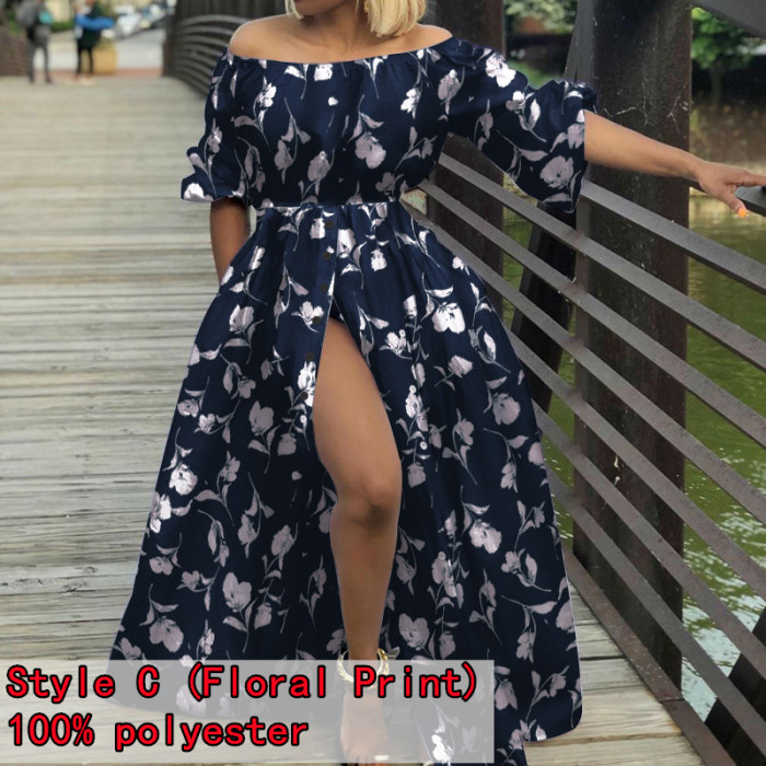 Women Sexy Off Shoulder Fashion Lantern Sleeve Buttons Maxi Dress