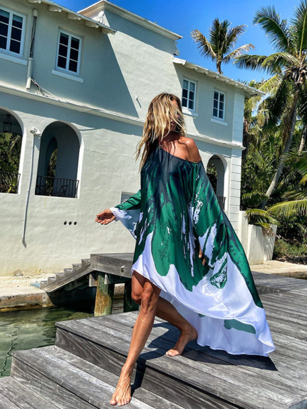 New Oblique Shoulder Print  Temperament Casual Sexy Beach  Midi Dresses