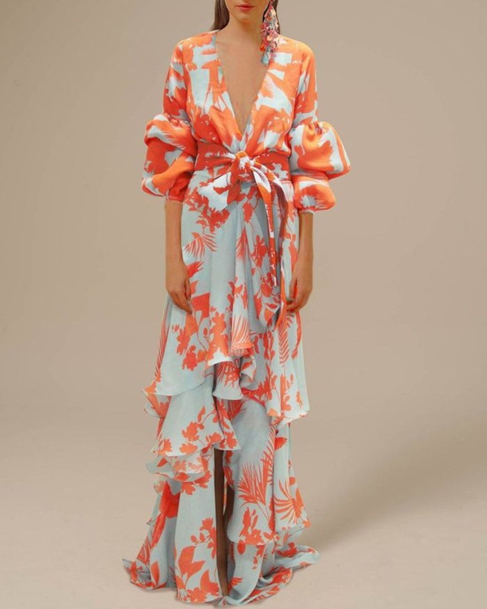 Bohemian Style Unique Printed V-neck Backless Vacation Maxi Dress