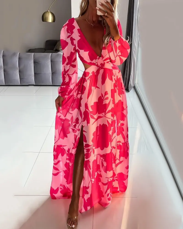 Woman Sexy Lantern Sleeve High Slit Cutout Floral Print Maxi Long Sleeve Party Dress