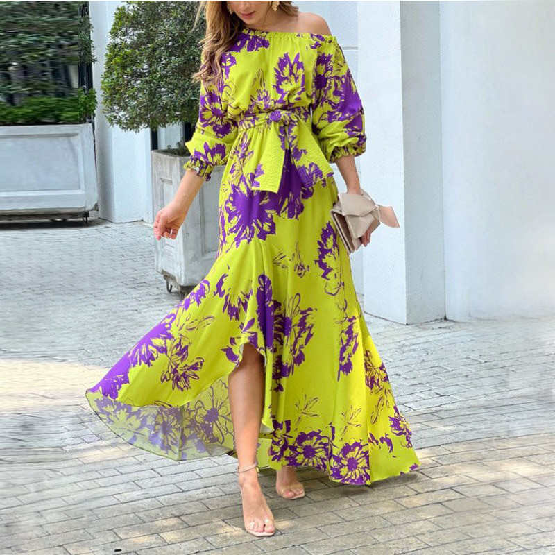 Fashion Slanted Shoulder Long Sleeves Printed Tie Party Maxi Dress
