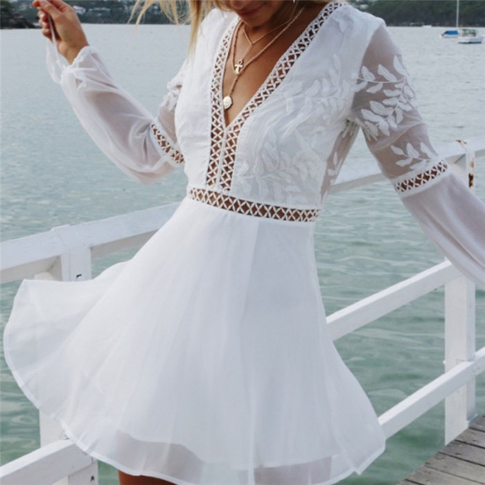 Fashion White Trimmed Camisole Casual Sexy V Neck Long Sleeve Lace Mini Dress