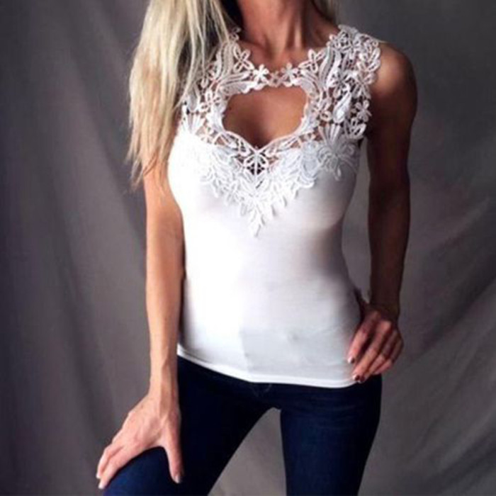 Sexy Solid Color Hollow Lace Sleeveless Bodysuit Chic Retro Solid Color Blouses & Shirts