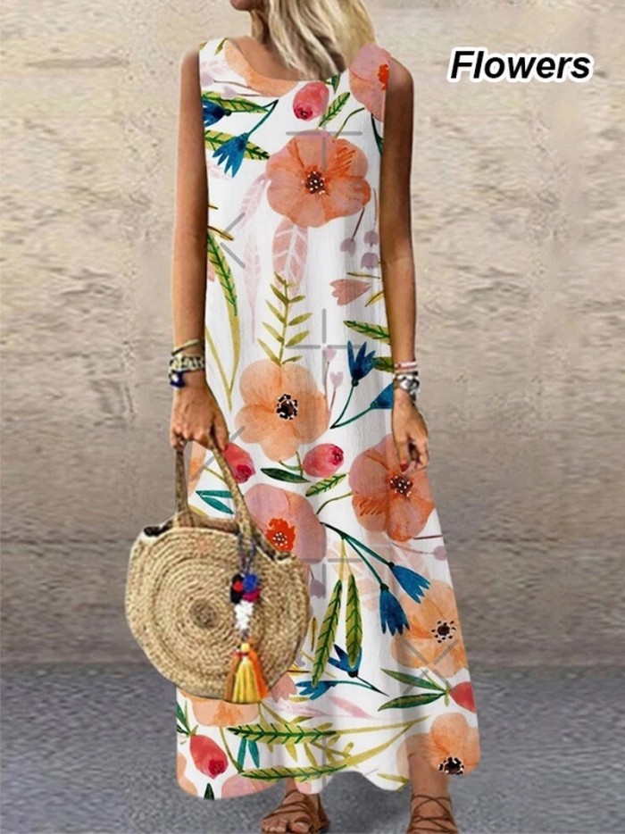 Women Elegant Floral Sleeveless Knee Length Casual Beach Dress