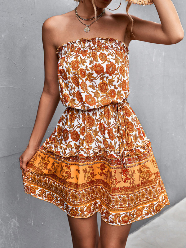 Trendy Floral Sleeveless Off Shoulder High Waist Ruffle A-Line Boho  Mini Dress