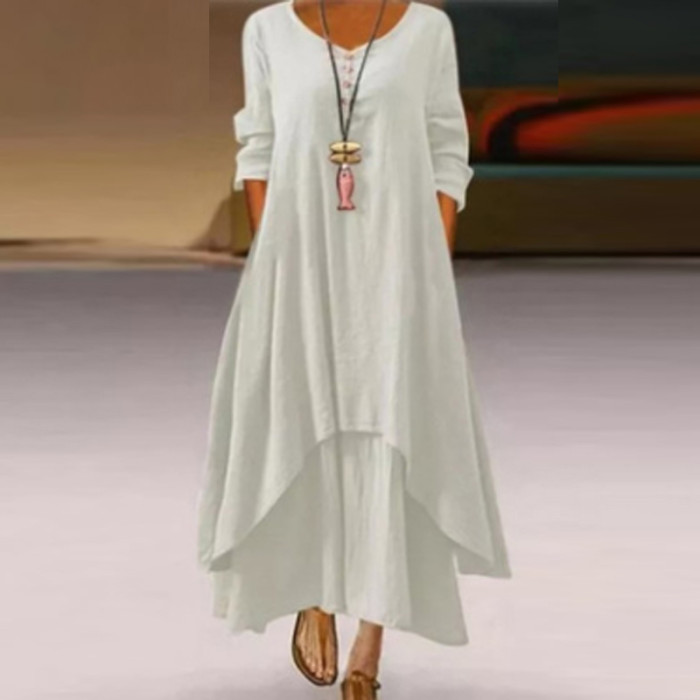 Elegant Solid Cotton Linen Irregular Casual Loose Dress