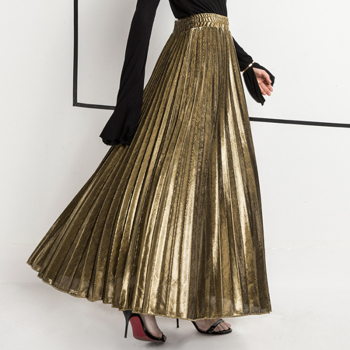 Fashion Solid Color Metallic Pleated High Waist Harajuku Swing Skirts