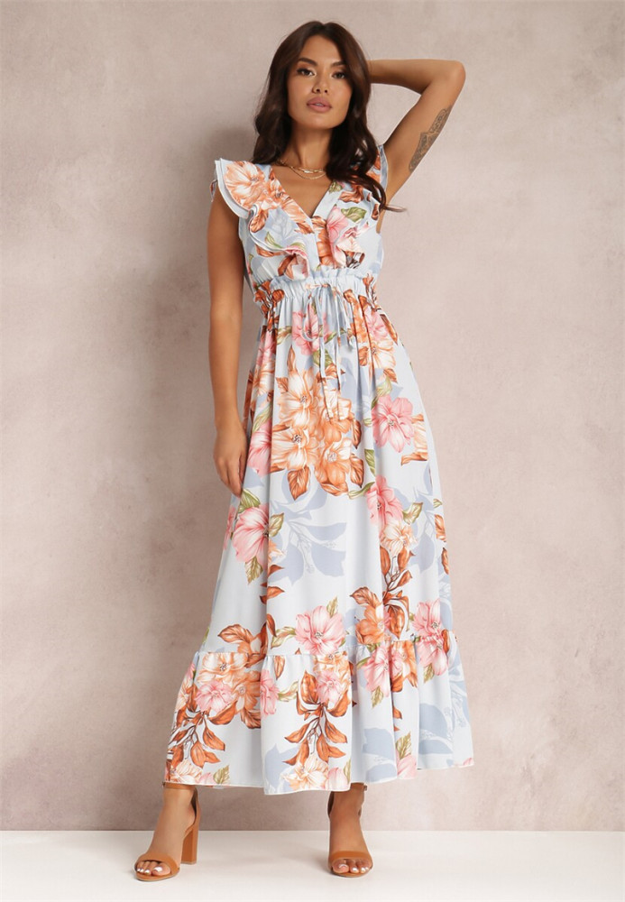 Trendy Polka Dot Print Boho Elegant V Neck Ruffled Ruffles Midi Dress