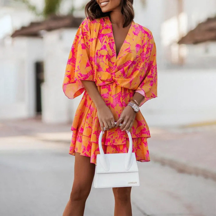 Floral Print Fashion Beach Half Sleeve Loose V Neck Ruffles Mini Dress