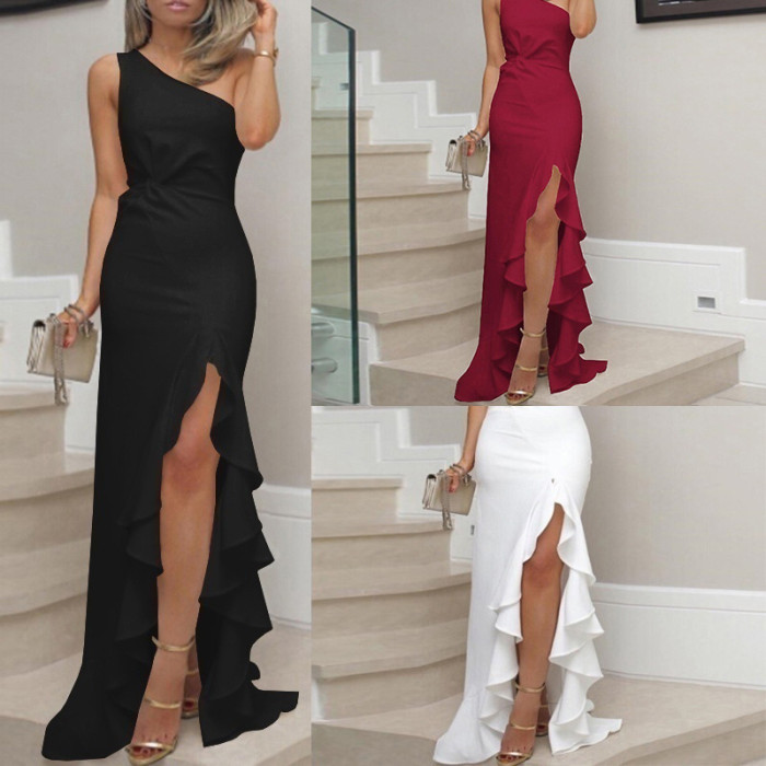 Solid Color Party Slit Sexy Elegant Fashion Slim Sexy  Prom Dress