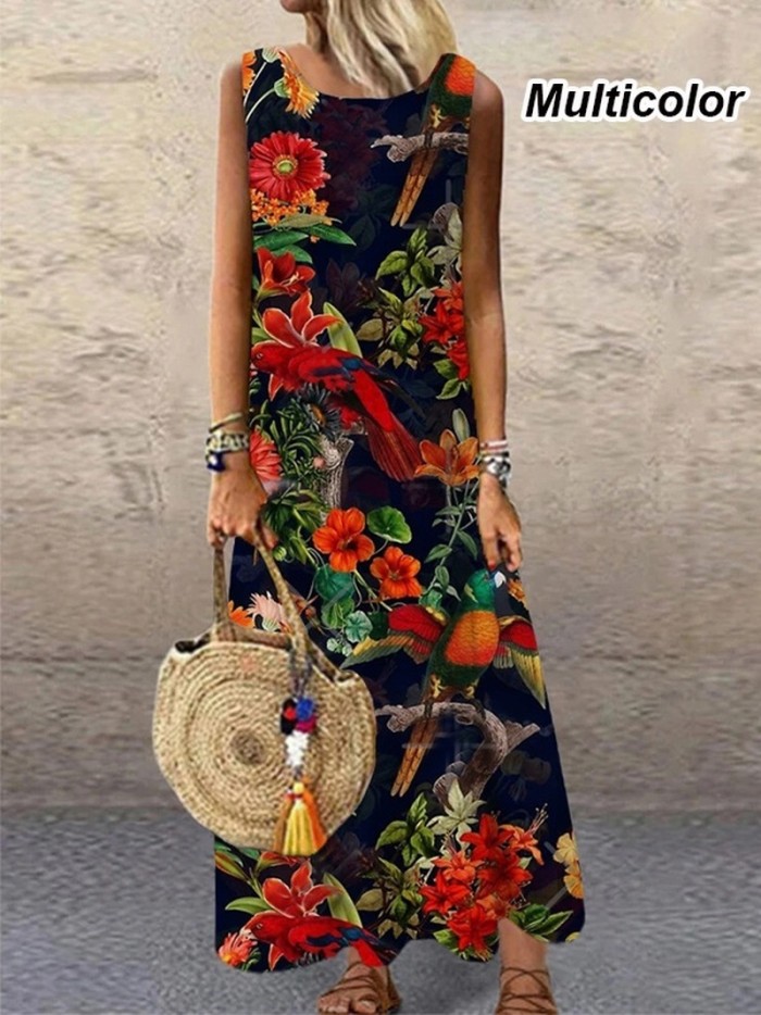Women Elegant Floral Sleeveless Knee Length Casual Beach Dress