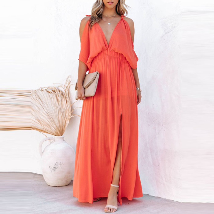 Sexy V Neck Off Shoulder Sleeve Elegant Solid Color Slit Casual Backless Party Maxi Dress