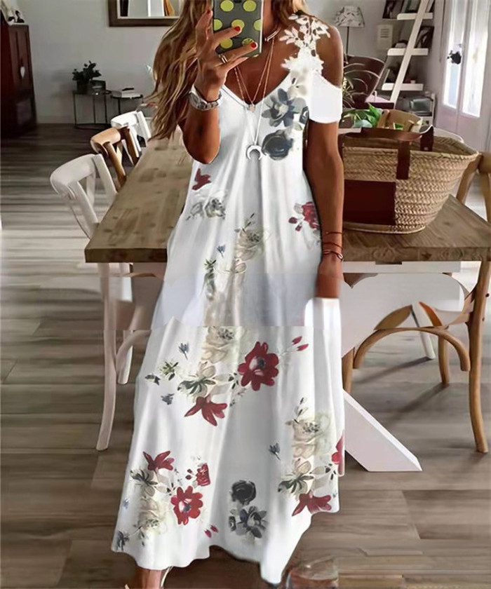 Off Shoulder Sexy Hollow Out Floral V-Neck Bohemian Maxi Dress