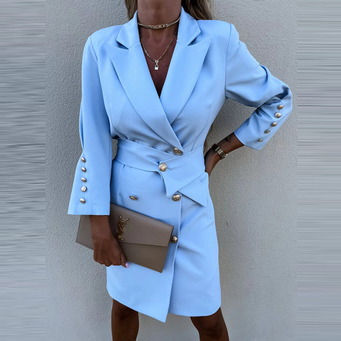Fashion Slim Suit Office Casual Button Elegant Solid Color Party Midi Dress