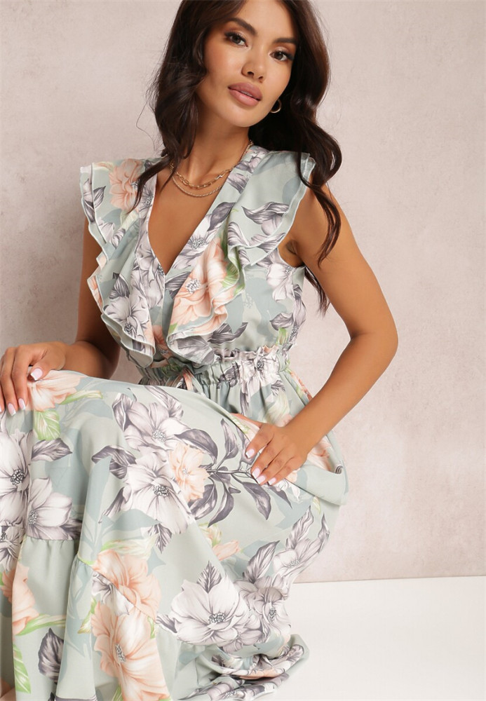 Trendy Polka Dot Print Boho Elegant V Neck Ruffled Ruffles Midi Dress