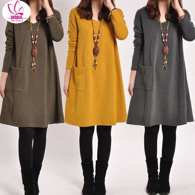 Winter Long Sleeve Pocket Solid Color O Neck Loose Party Casual Dress