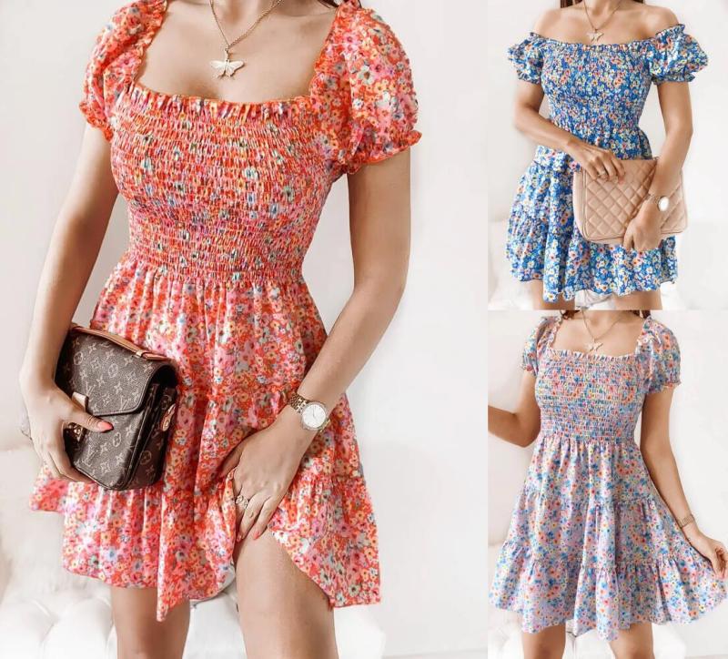 Boho Elegant Small Square Neck Strapless Floral Print Mini Dresses