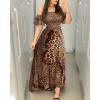 Boho Leopard Off Shoulder Ruffle Sleeves Sexy Lace Up Slit Neck Party  Maxi Dress
