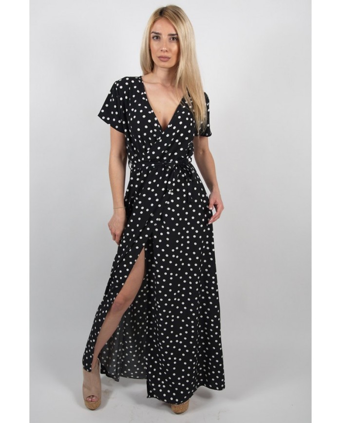 Deep V Neck Short Sleeve Polka Dot Print Loose Maxi Dress