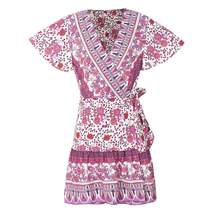 Vintage Short Sleeve Printed V Neck Bohemian Floral Mini Dress