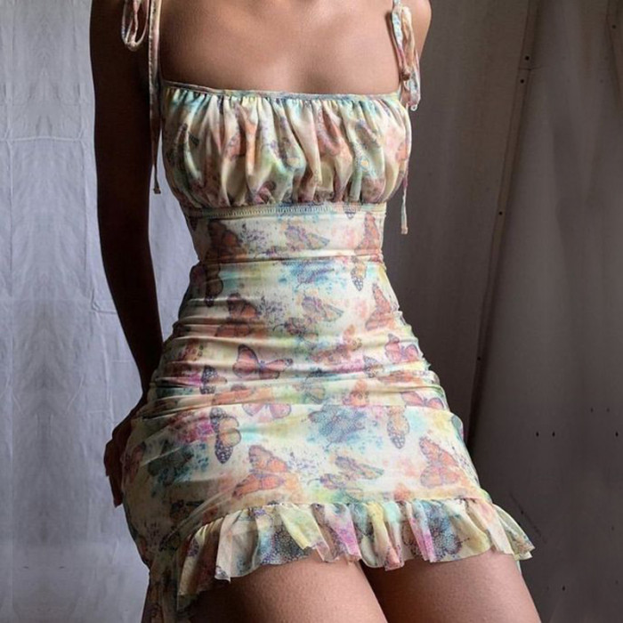 Trendy Sexy Bandage Ruffle Ruffle Sleeveless Mini Dress