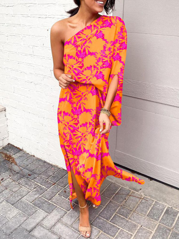Bohemian Fashion One-Shoulder Slit Print  Maxi Dress