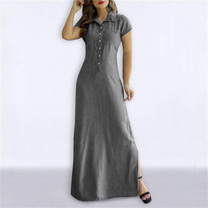 Loose Denim Vintage Button Pocket Party Elegant  Maxi Dress