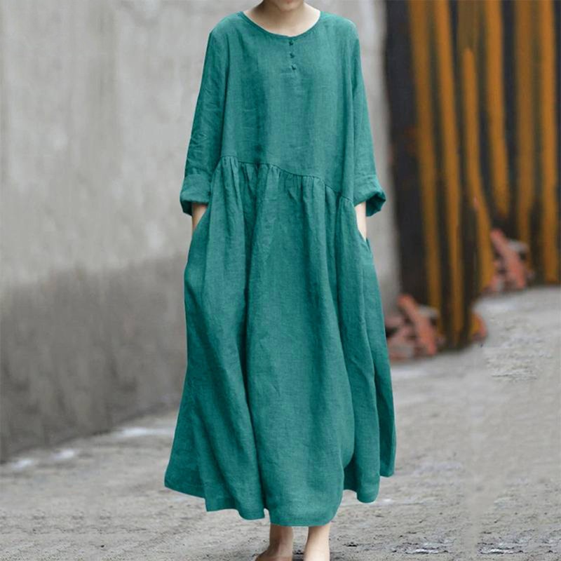 Cotton Linen Casual Loose Button O Neck Long Sleeve Pocket Retro Loose Maxi Dress