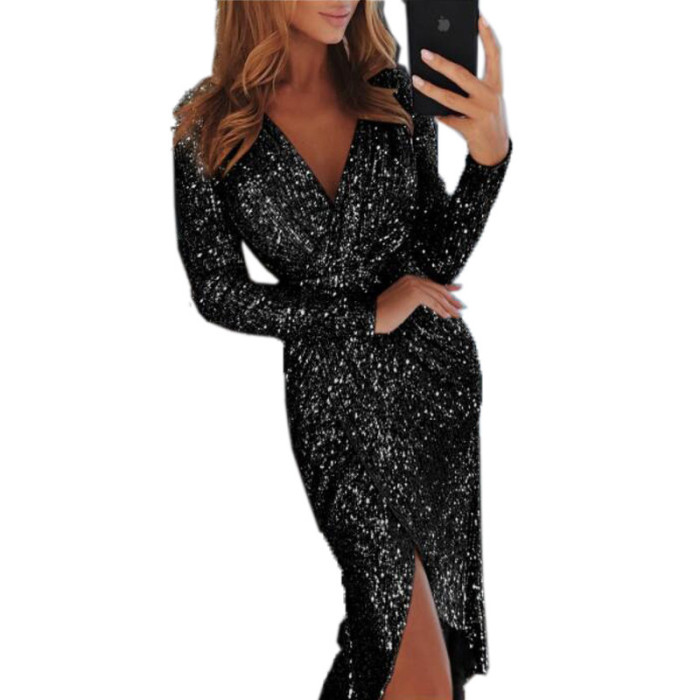 Sequined Party V Neck Long Sleeve Dress