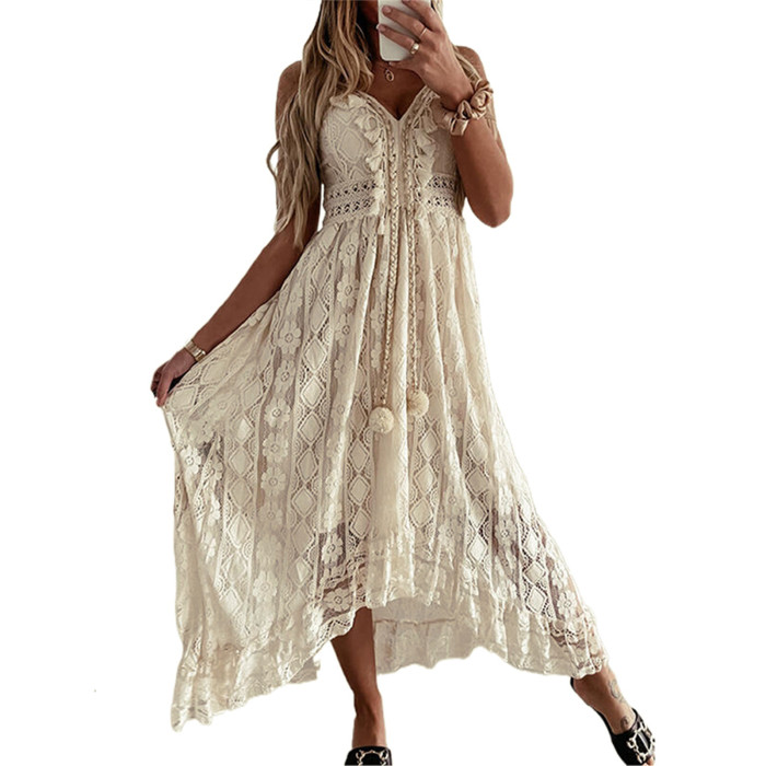 Trendy Solid Bohemian High Waist V Neck Casual Ruffle Maxi Dress