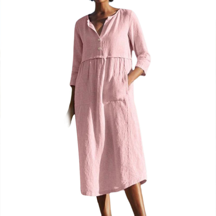 Women Solid Color Half Sleeve Pockets Buttons Cotton Linen Loose Midi Dress