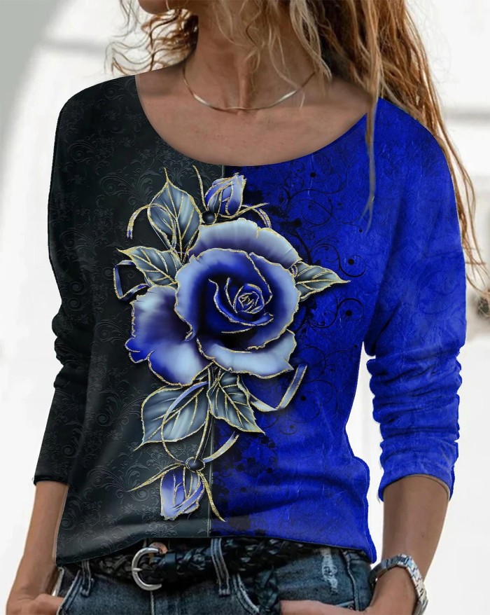 Fashion Flower Print Long Sleeve Round Loose T-shirt