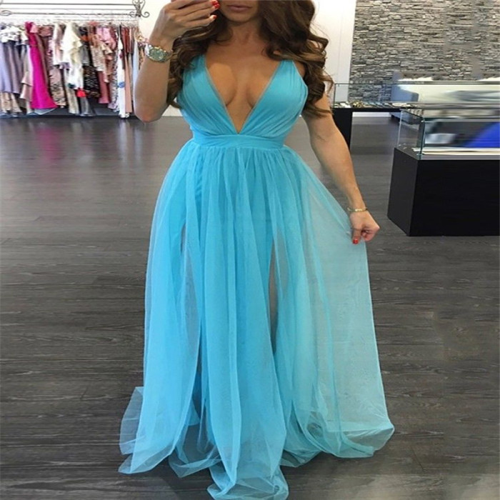 Sexy Solid Color V Neck Tulle Sleeveless Backless Evening Prom Dress