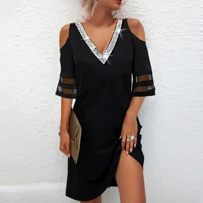 Women Loose V Neck Hollow Out Mesh Patchwork Casual Dress