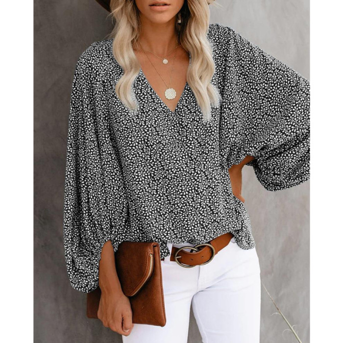 Fashion Floral Print V Neck Balloon Sleeves Casual Top Tunic Loose  Blouses