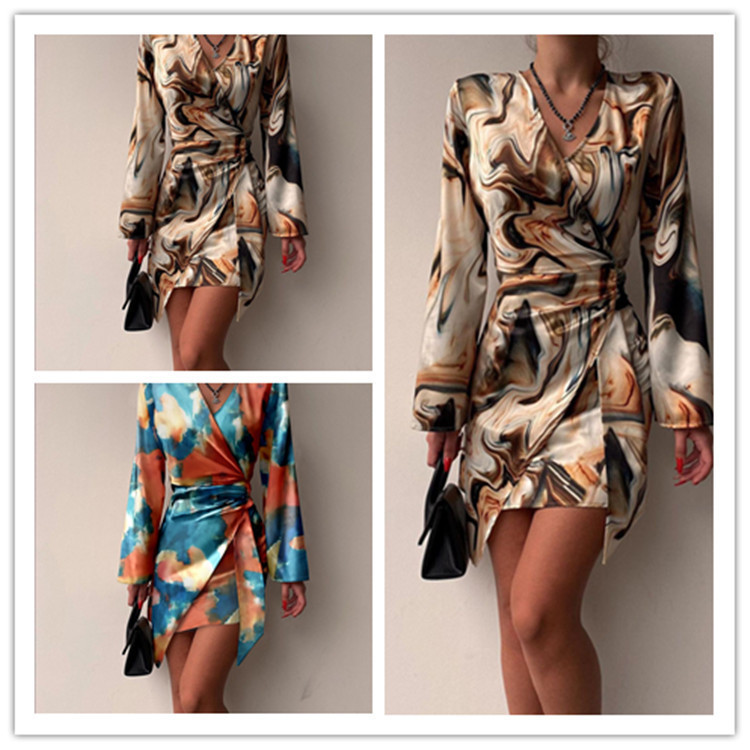 Fashion Long Sleeve Printed Sexy V Neck Mini Dress