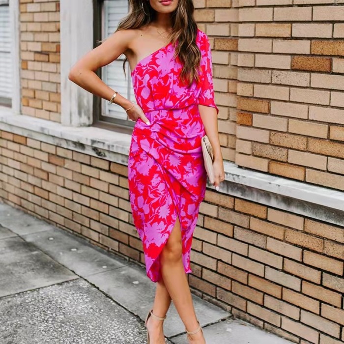 Sexy Slim Off Shoulder Hip Lift Print Fashion  Midi Dress