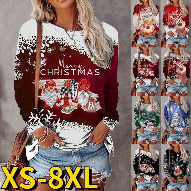 Christmas Long Sleeve Printed Top Round Neck Retro Elegant Casual Loose T-Shirt