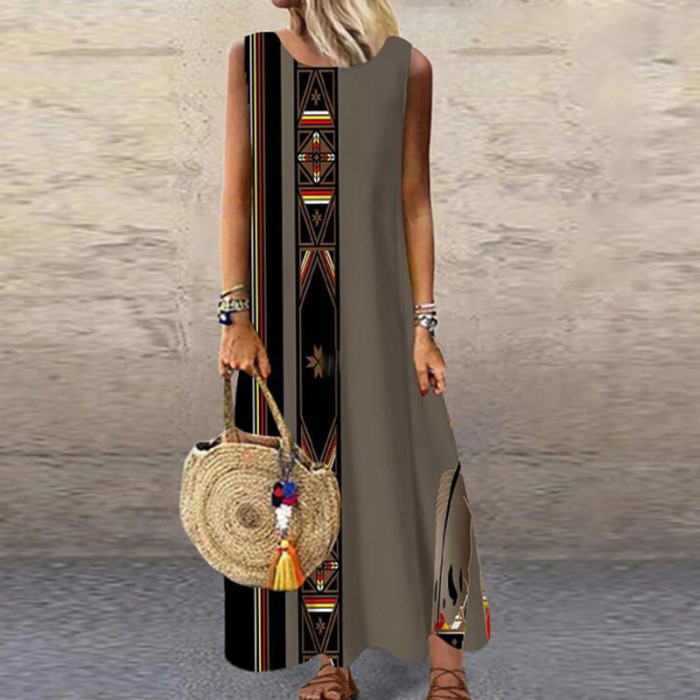 Vintage Floral Printed Sleeveless Loose Casual Beach Bohemia Dress