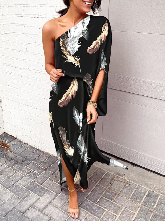 Bohemian Fashion One-Shoulder Slit Print  Maxi Dress