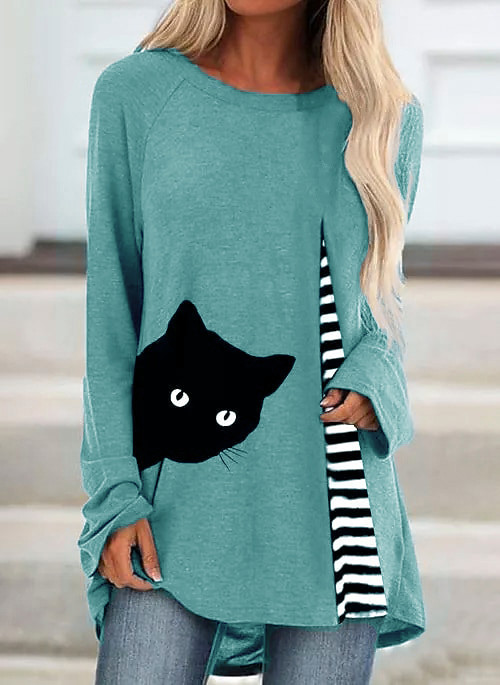 Fashion Top Elegant Loose Long Sleeve Crew Neck Printed T-Shirt