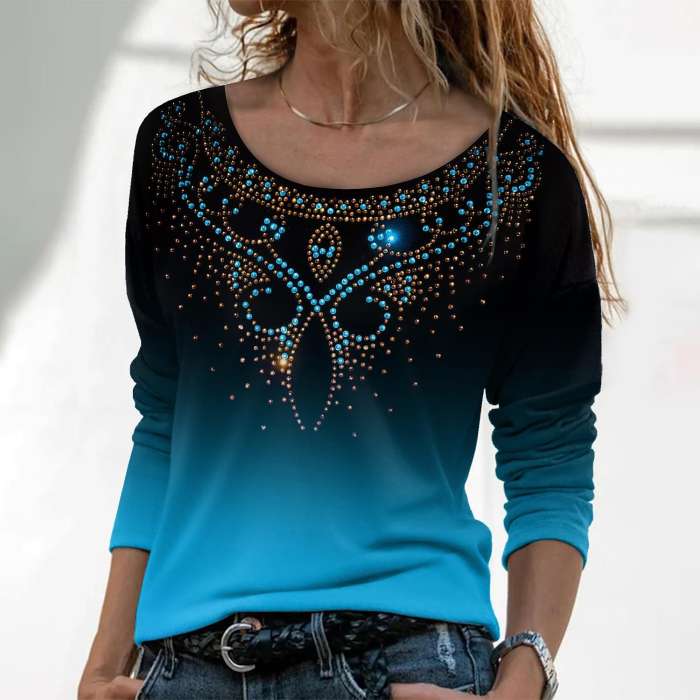 Round Neck Retro Print Casual Long Sleeve Loose T-Shirt
