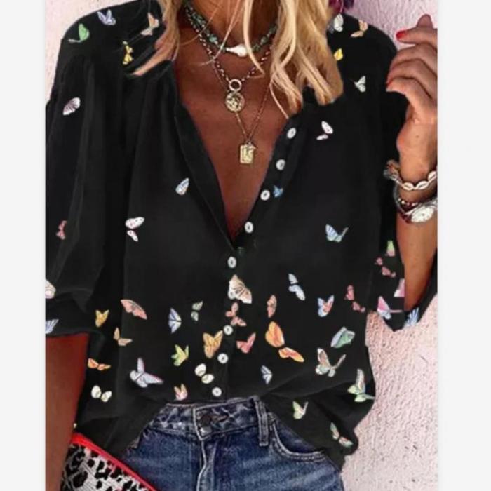 Fashion Butterfly Print Button V Neck Long Sleeves Casual  Blouses & Shirts