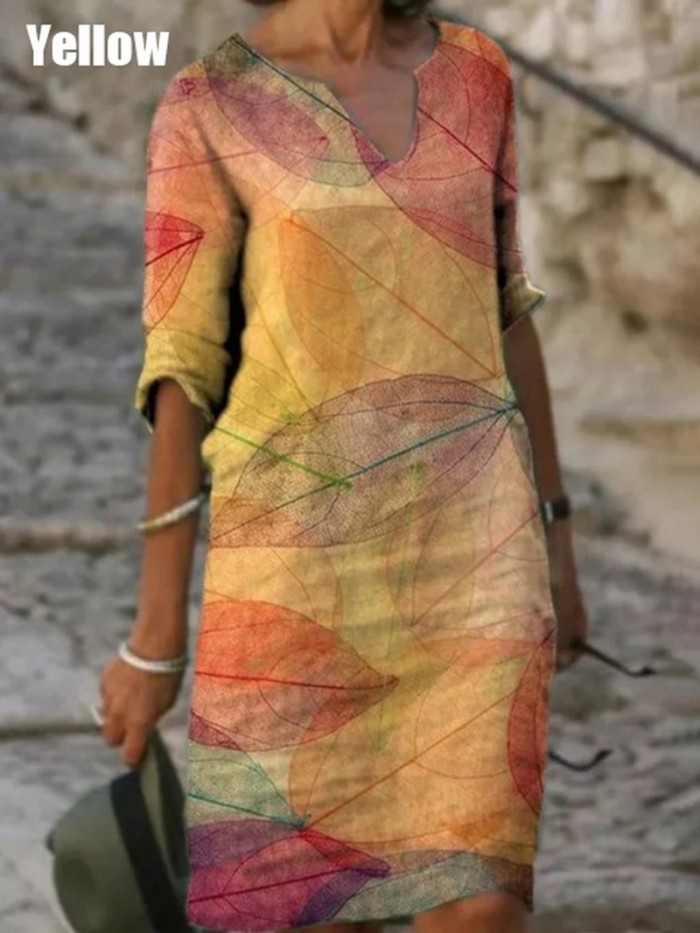 Fashion Women Casual Printing V-Neck Half Sleeve Vintage Loose Dress