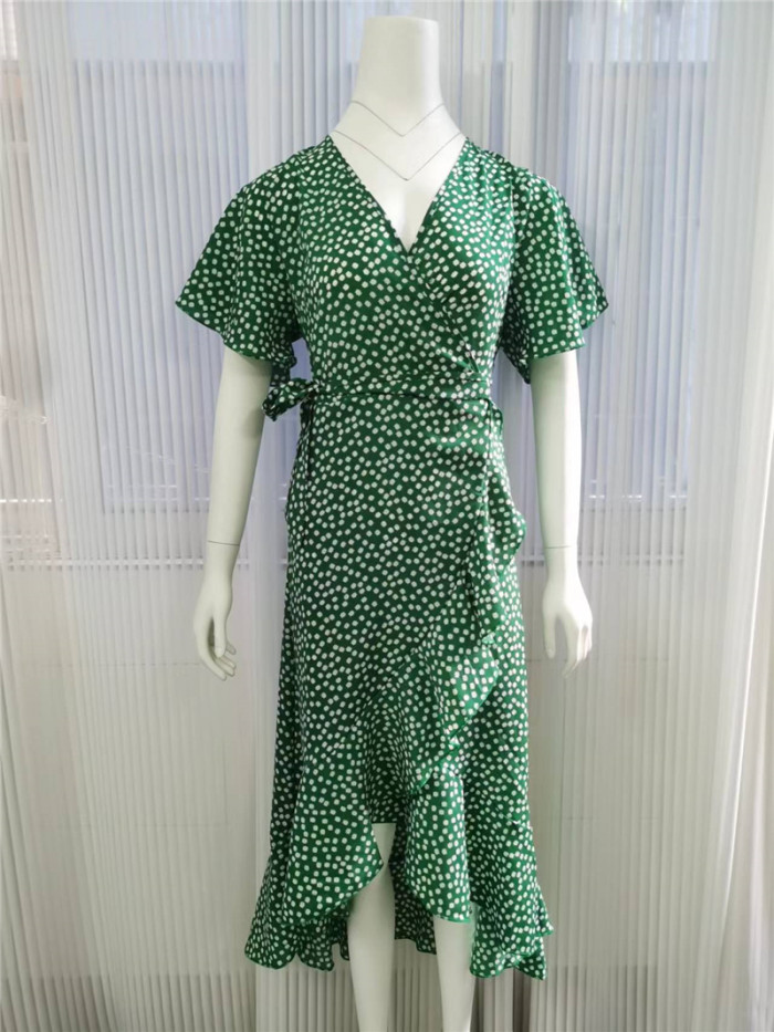 Trendy Polka Dot Print Boho Elegant V Neck Ruffled Ruffles Midi Dress