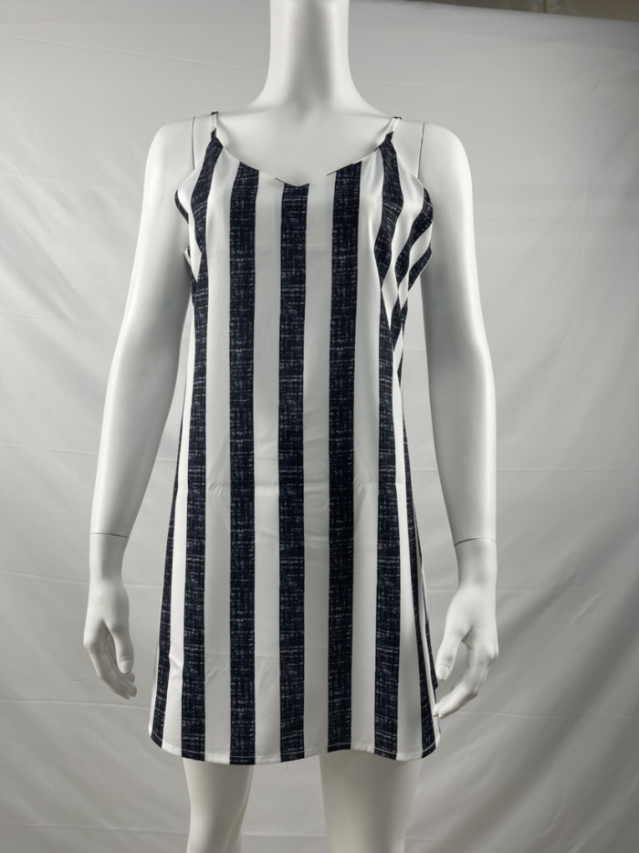 Women Loose Twill Striped Printed Slip Mini Dress