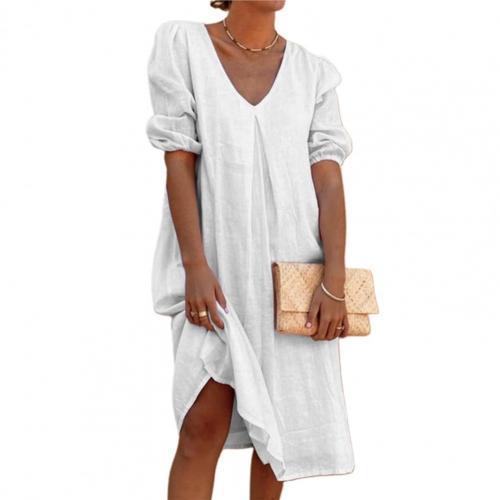 Chic Casual V Neck Puff Half Sleeve Solid Color Midi Dress